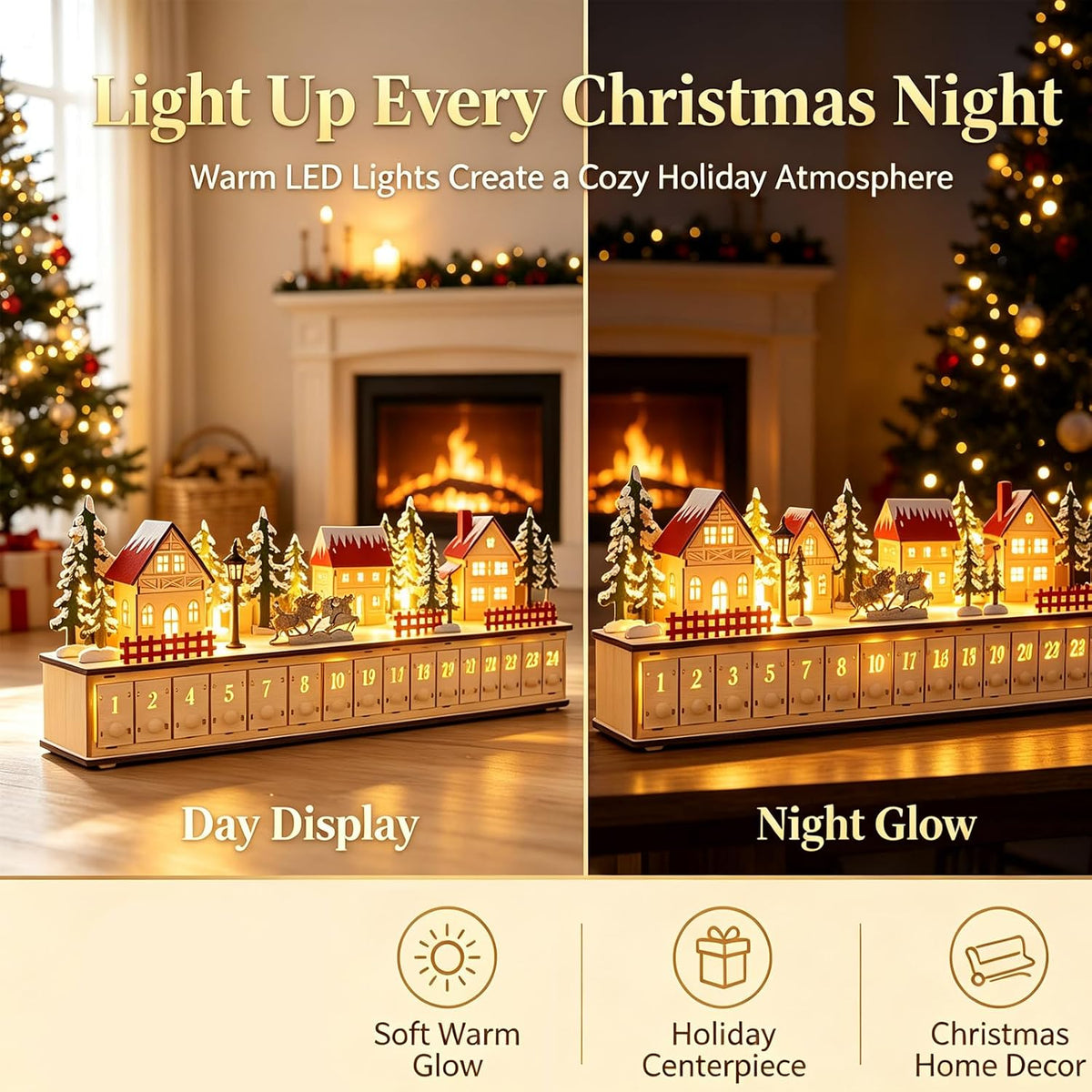 🎄Wooden Village Advent Calendar with LED Glow, Light-Up Christmas Advent Calendar with 24 Countdown Drawers