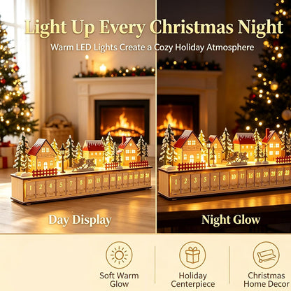 🎄Wooden Village Advent Calendar with LED Glow, Light-Up Christmas Advent Calendar with 24 Countdown Drawers