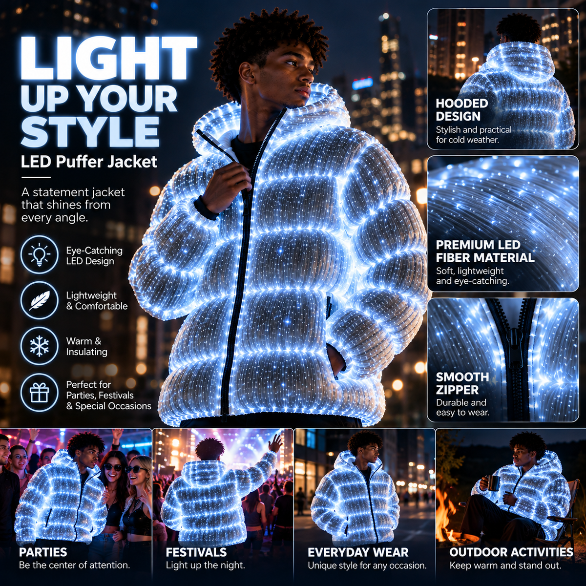LED puffer jacket worn at parties festivals everyday streetwear and outdoor activities