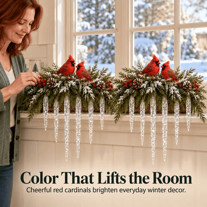 ✨Cardinal Winter Glow — Lighted Snowy Cedar & Icicle Christmas Decor