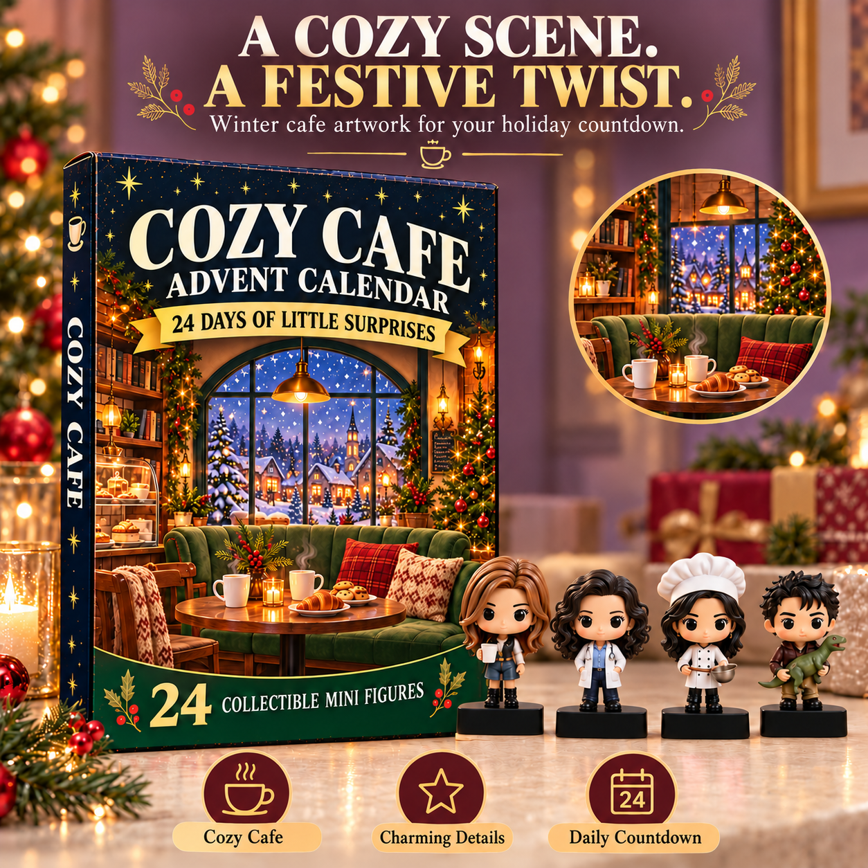 Cozy Cafe calendar winter artwork with green sofa Christmas tree snowy village and four mini figures