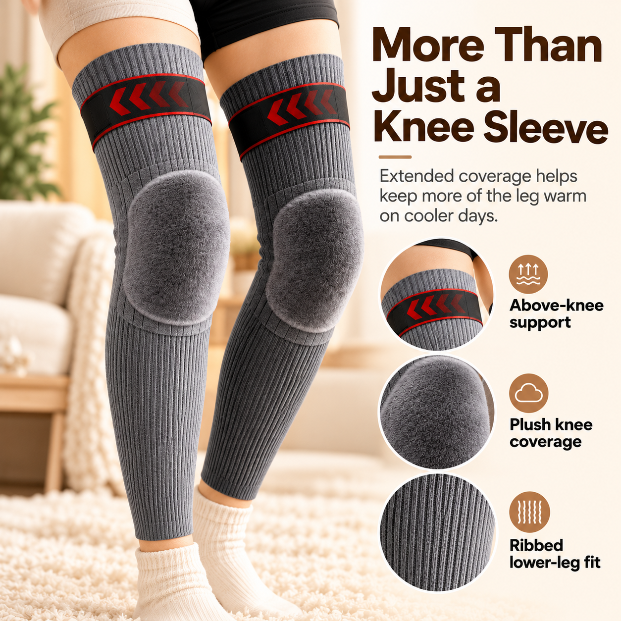 Extended knee warmer coverage above and below knee