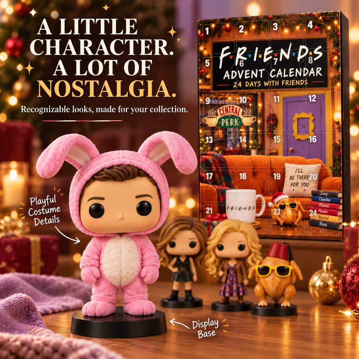 Pink bunny costume character collectible with turkey figure and advent calendar