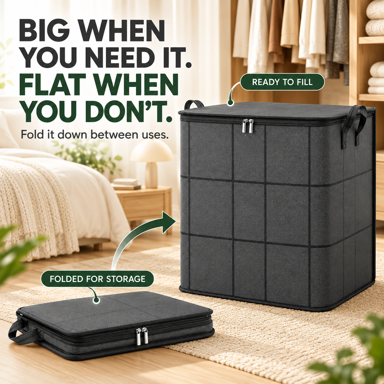 Foldable fabric storage organizer shown upright and folded flat