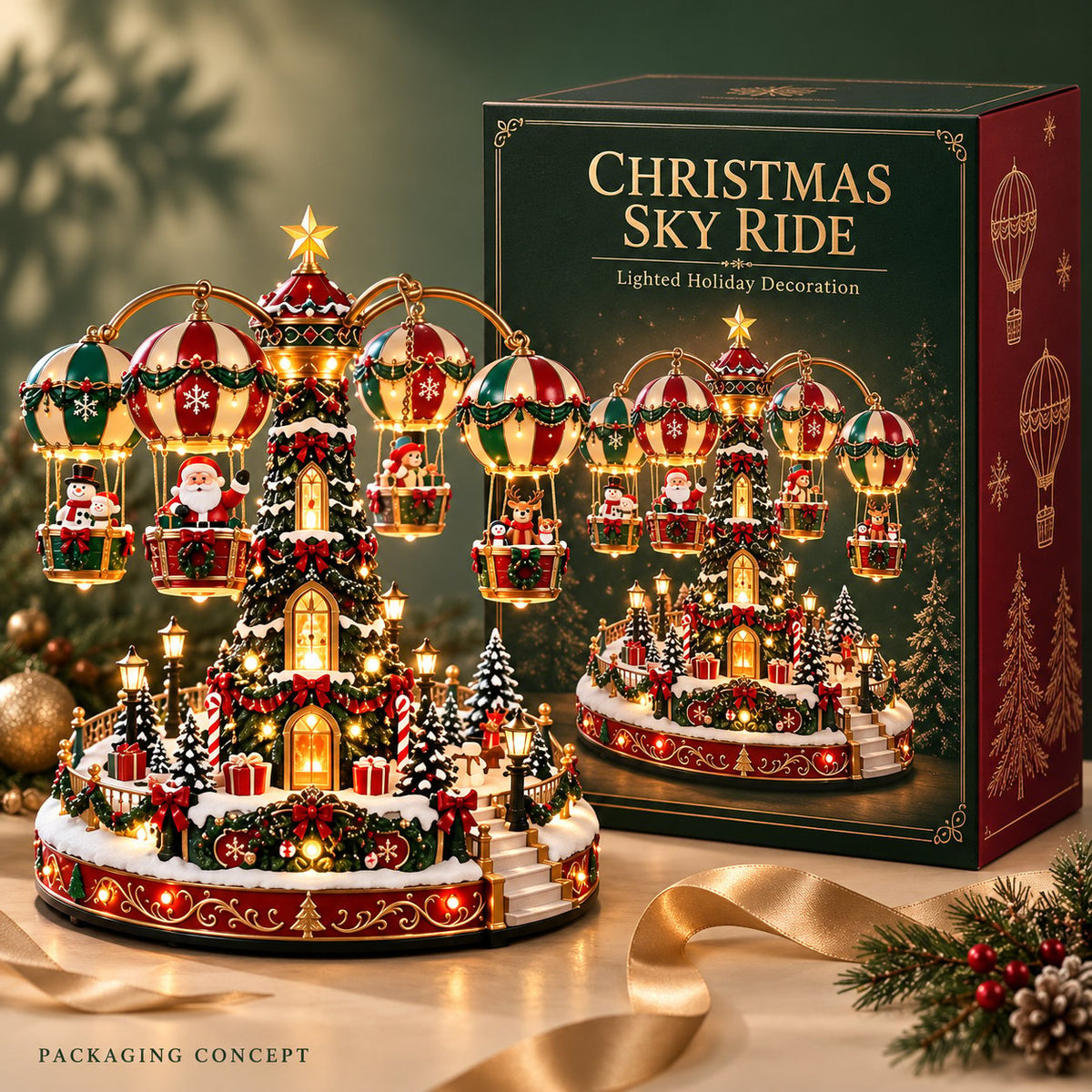 Christmas Sky Ride – Rotating Hot Air Balloon Christmas Village with Lights & Music 🎅🎄