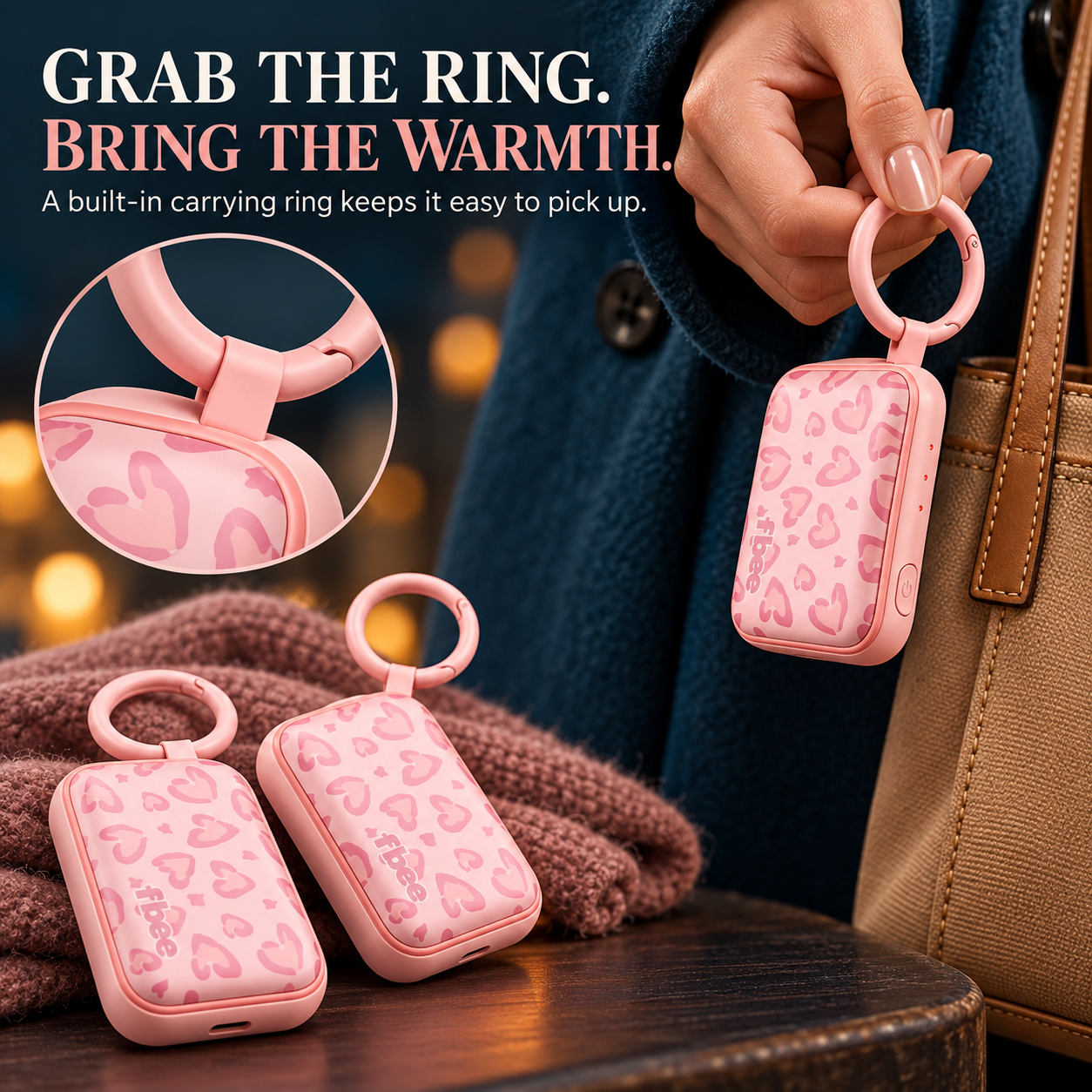 Pink hand warmer held by circular carrying ring with close-up of ring attachment
