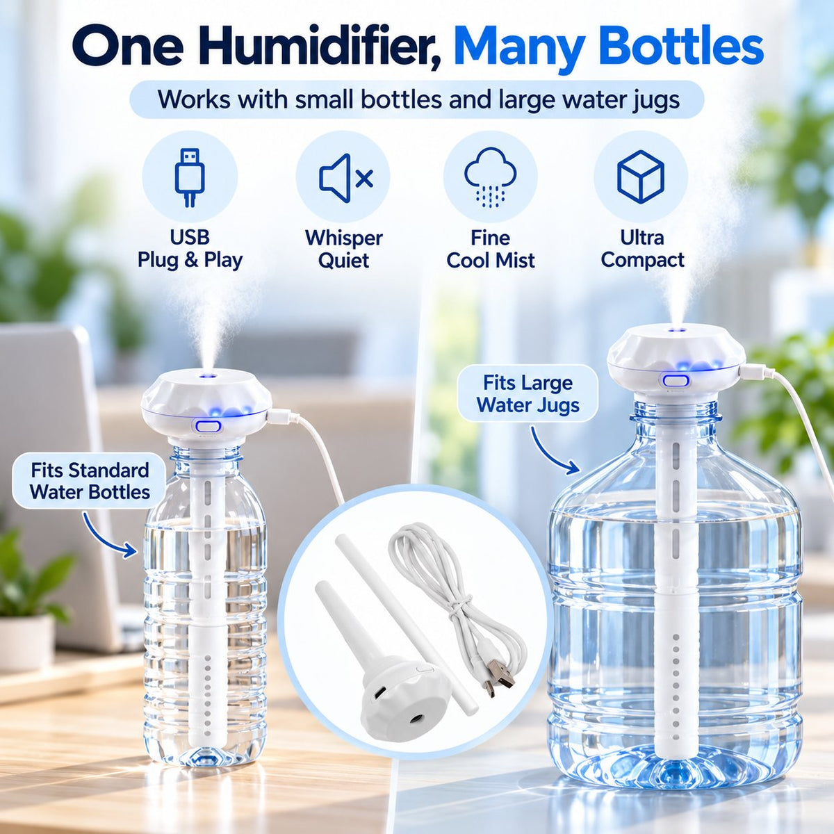 Bottle Top USB Humidifier Stick | Quiet Portable Cool Mist Aroma Diffuser