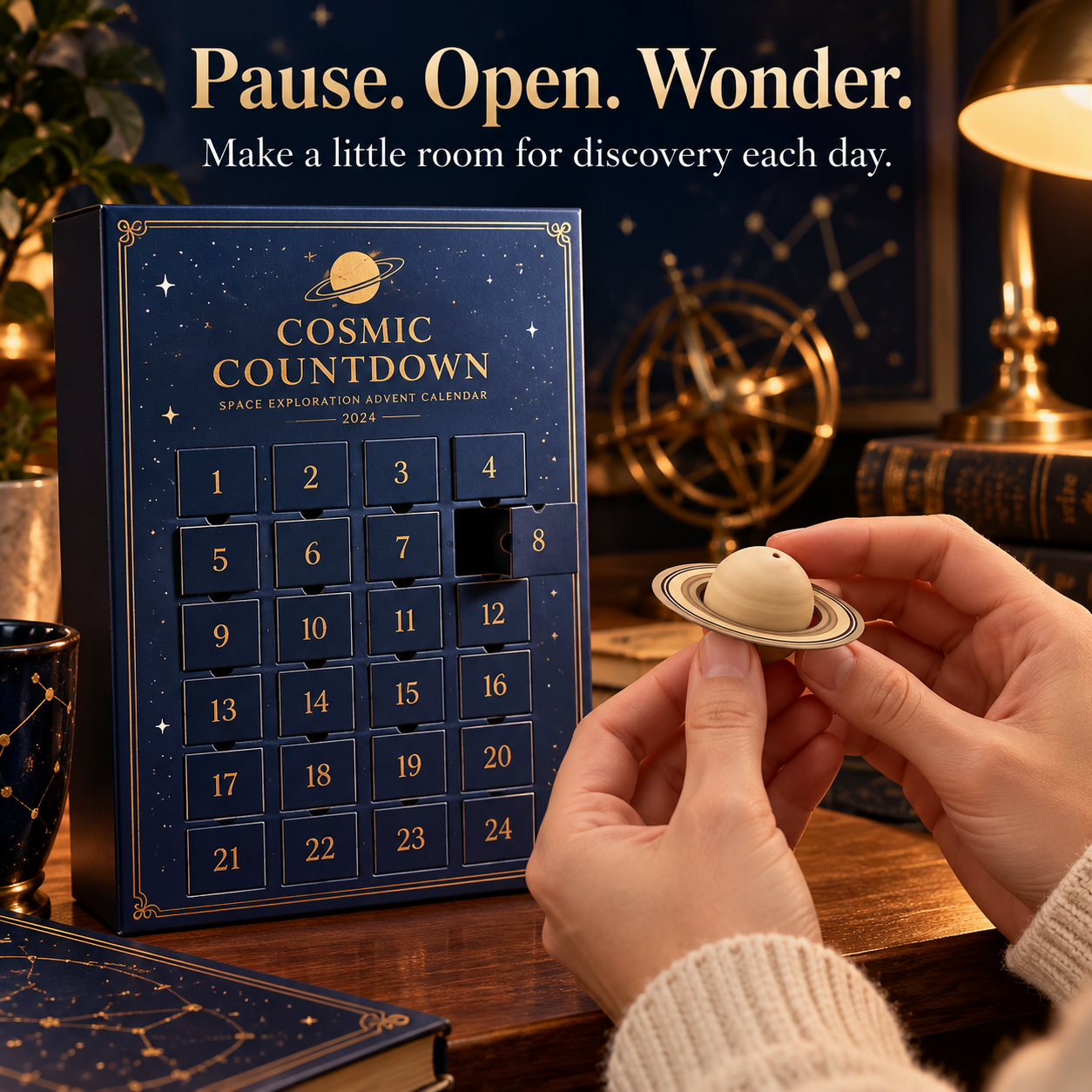 Hands holding a miniature ringed planet after opening a numbered door on the space advent calendar