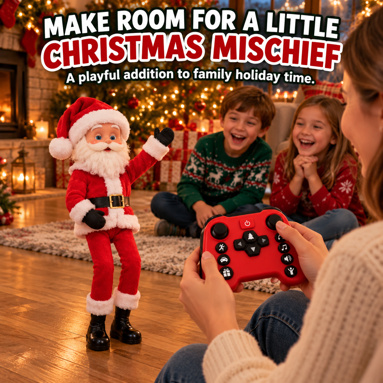 Family laughing as someone controls Santa in a decorated Christmas living room