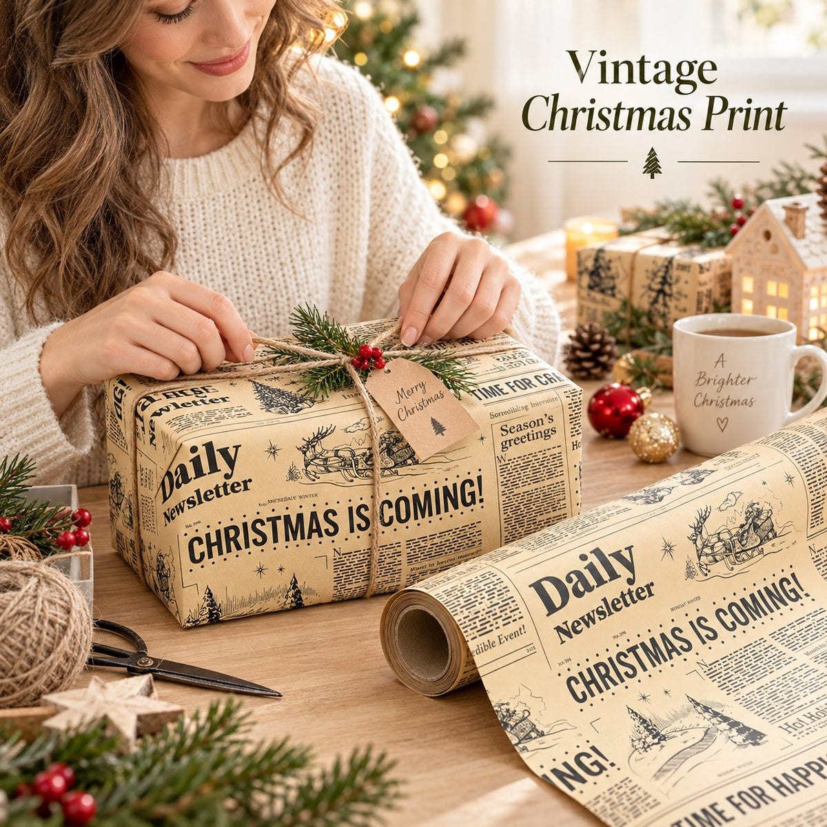 Vintage newspaper Christmas wrapping paper roll