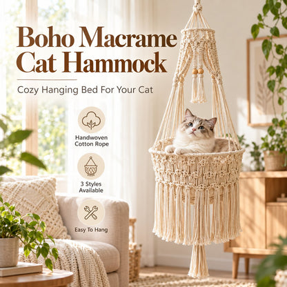 🐱 Boho Macrame Cat Hammock – Cozy Hanging Bed For Your Cat