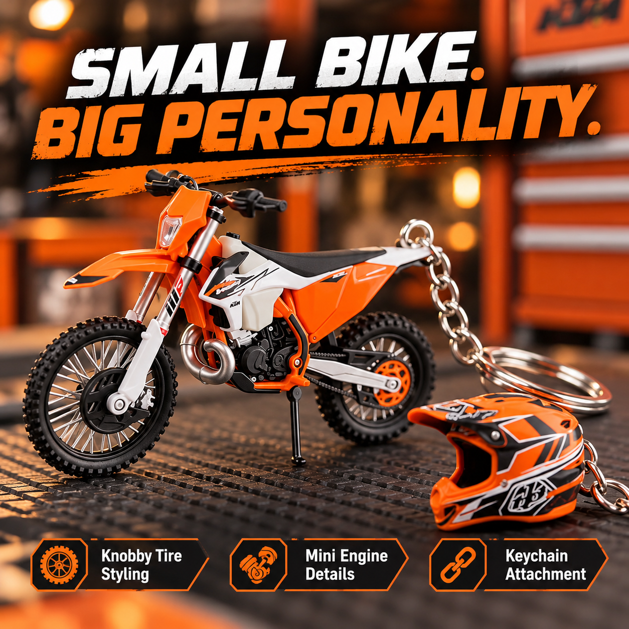 Miniature orange motocross bike and helmet keychains showing their design details