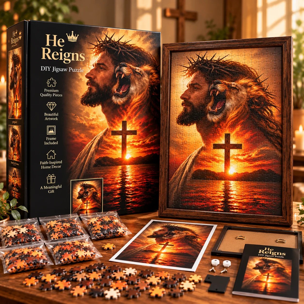 He Reigns Christian jigsaw puzzle box, puzzle pieces, reference artwork and framed finished design