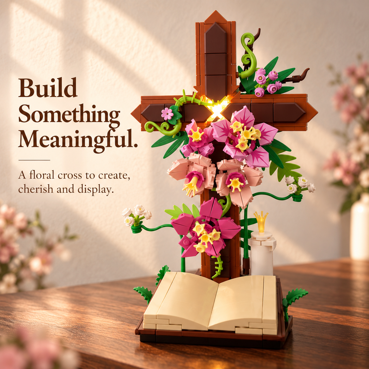 Floral cross building set with pink and purple flowers, brown cross and open book base