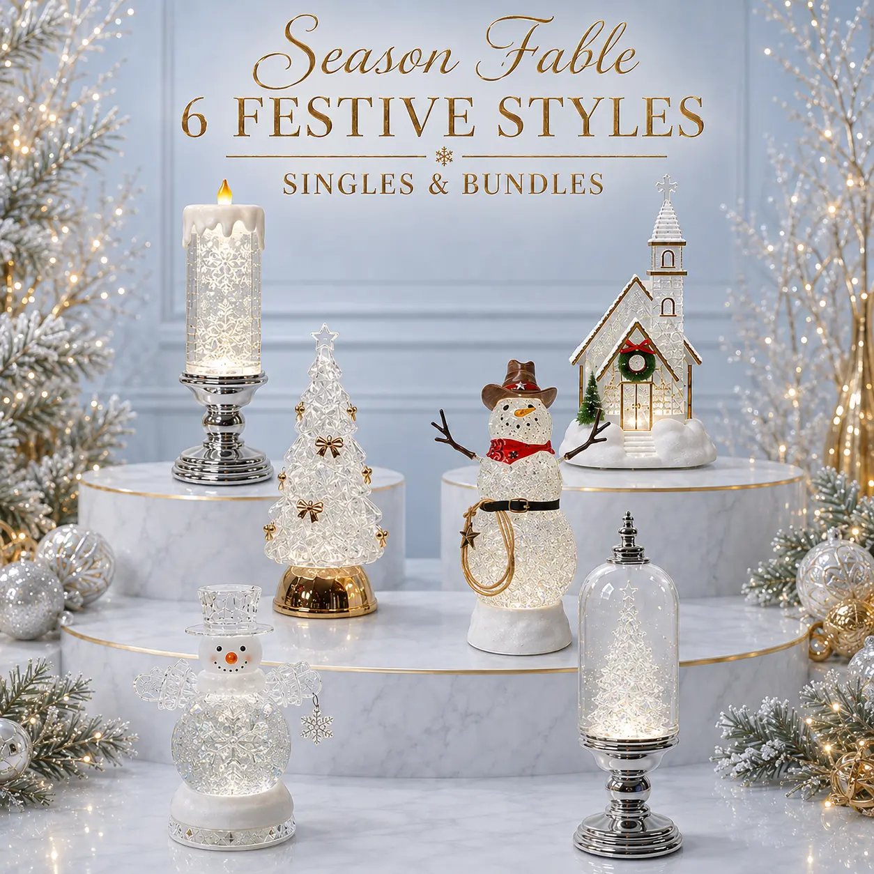 Six festive illuminated Christmas decoration styles including snowmen trees candle and church