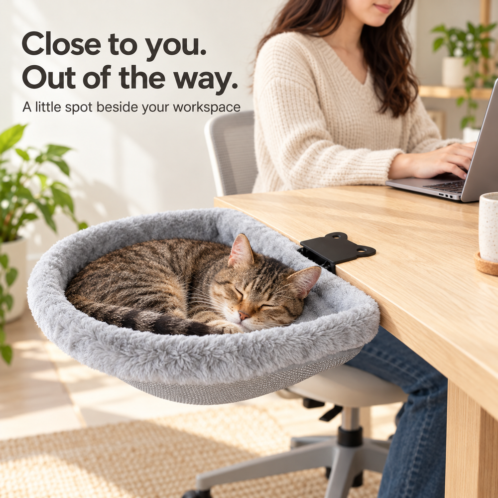 Cat sleeping beside owner working at a desk