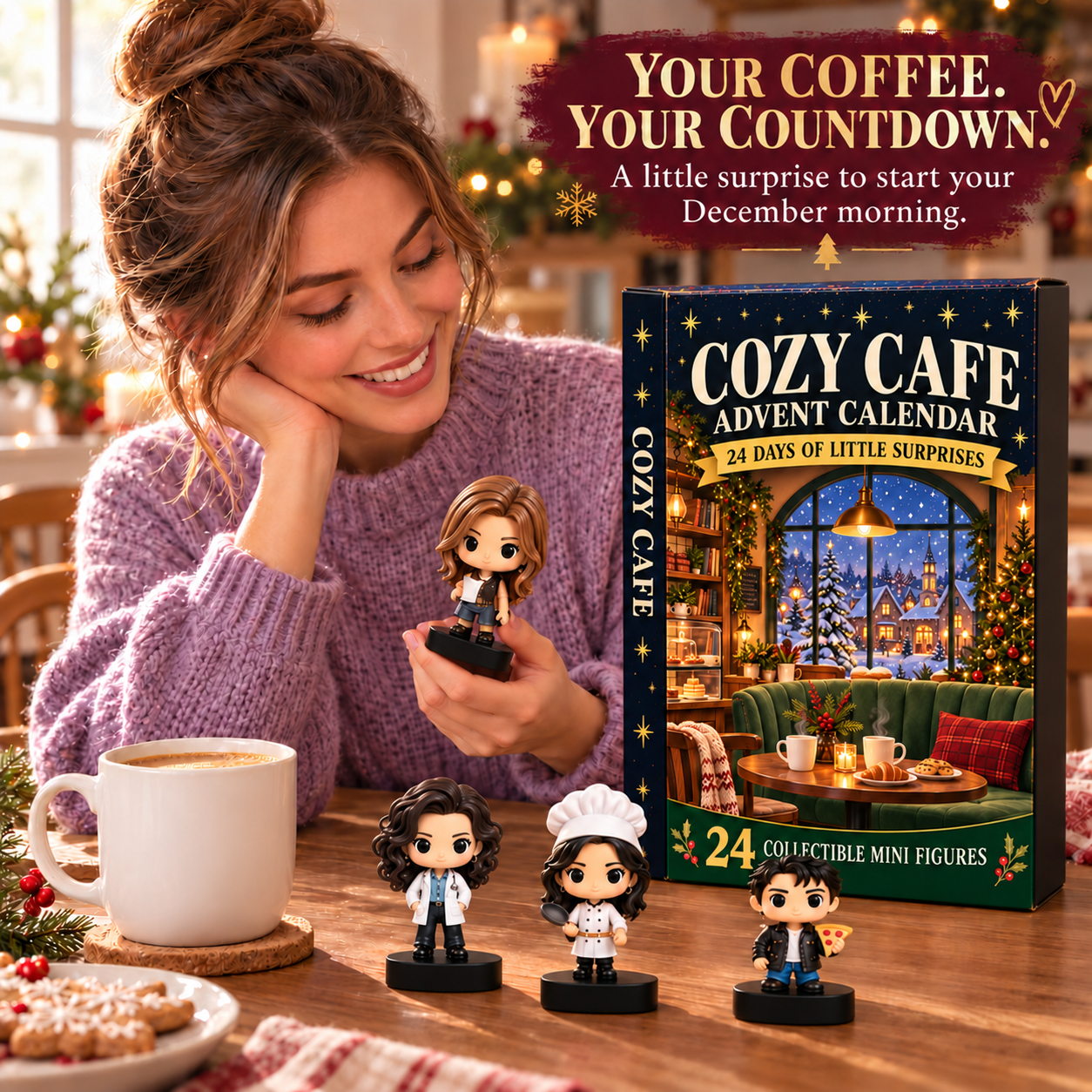 Woman in lavender sweater enjoying coffee while holding a Cozy Cafe miniature collectible