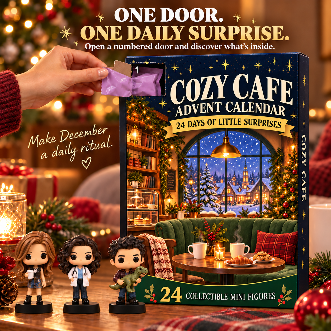 Hand removing purple surprise packet from numbered door on Cozy Cafe Advent Calendar