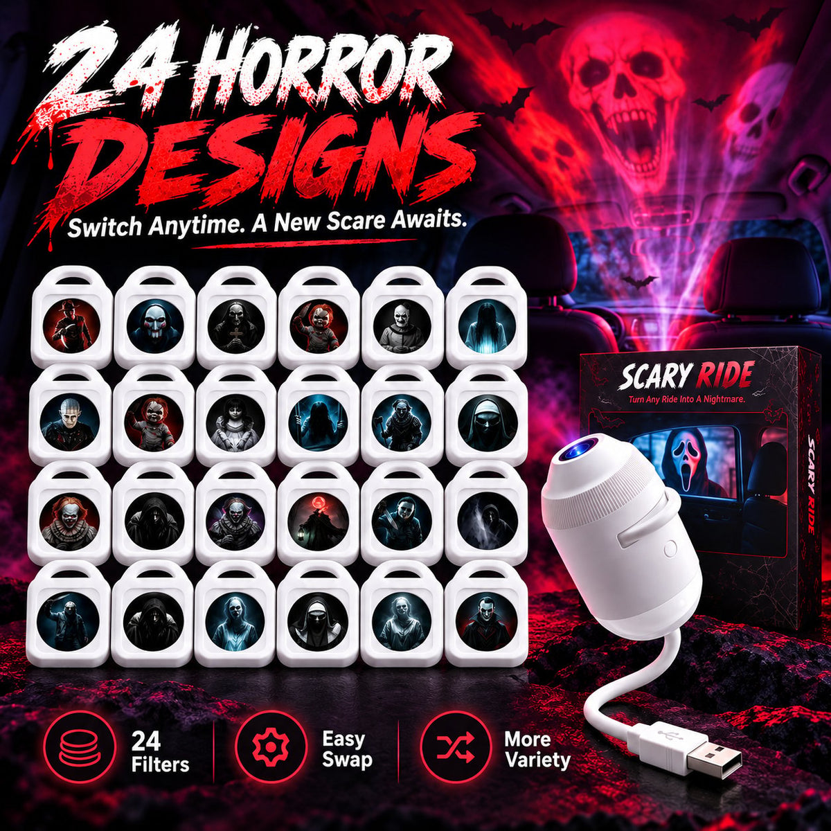 🔥24-Disc USB Car Interior Horror Projector Lamp