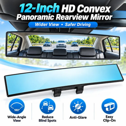 🚗Universal 12-Inch Convex Car Rear View Mirror, Panoramic Clip-On Interior Mirror with Clear Wide View