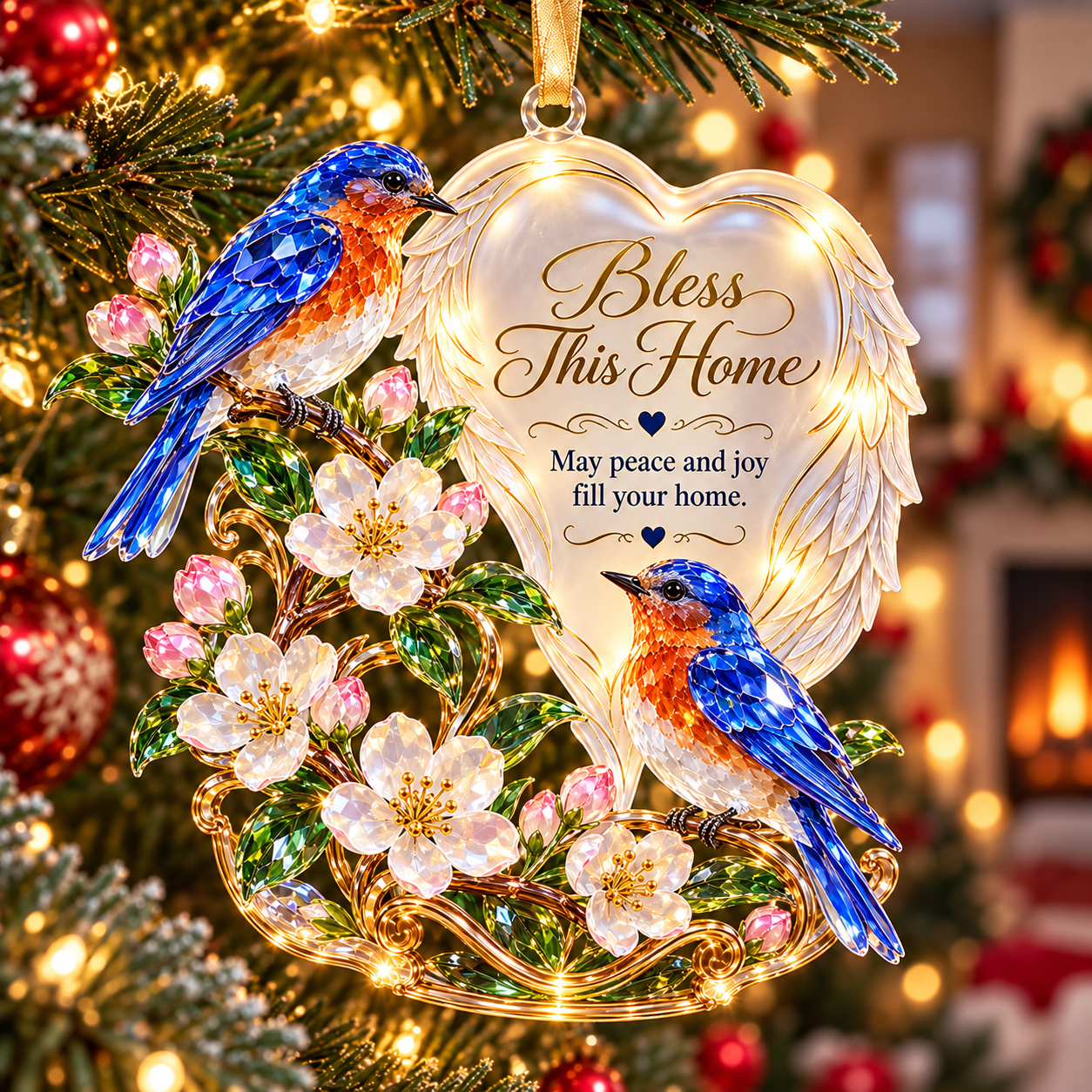 Bless This Home angel wings heart ornament with bluebirds and pink blossoms