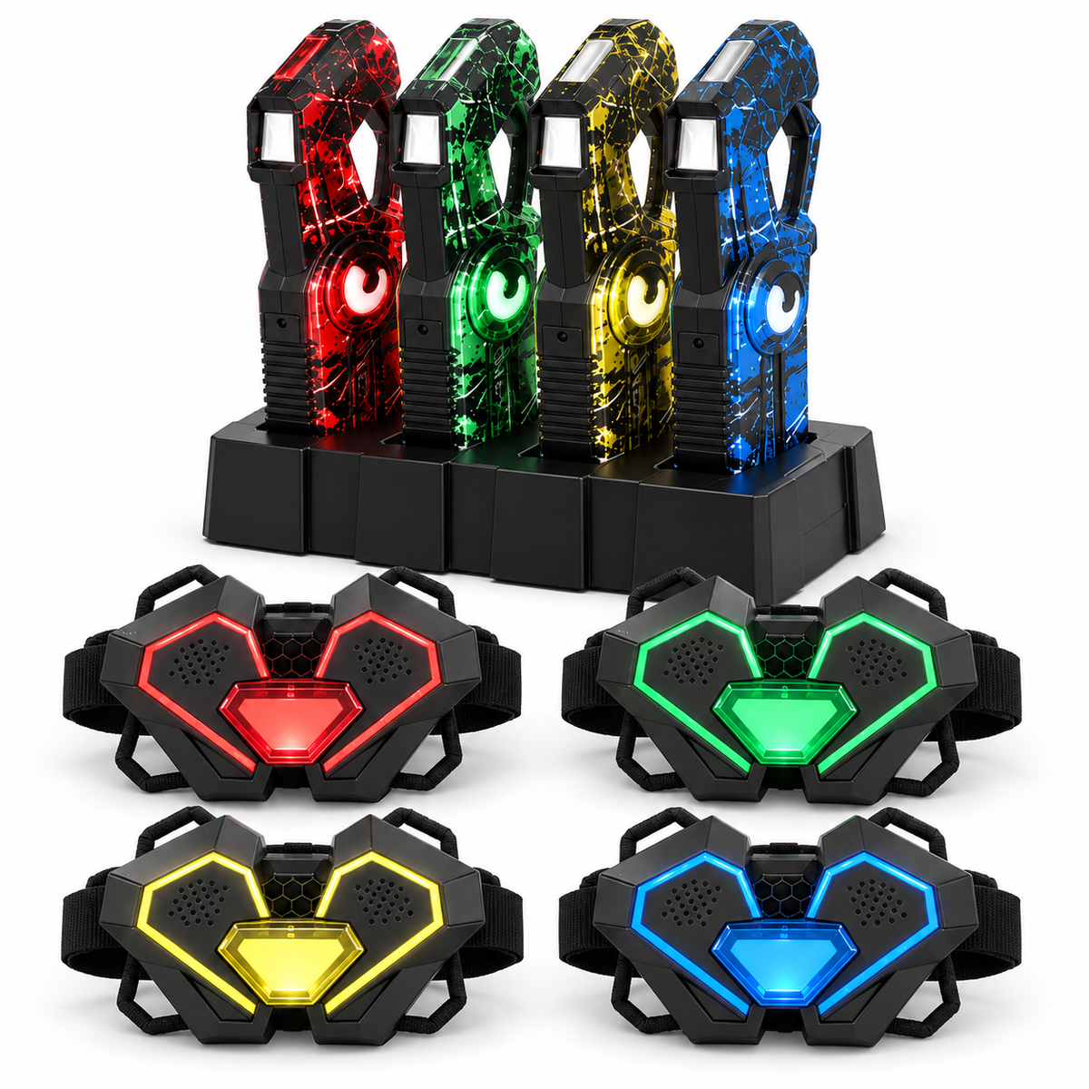 Product kit with four laser tag blasters and four wearable sensors