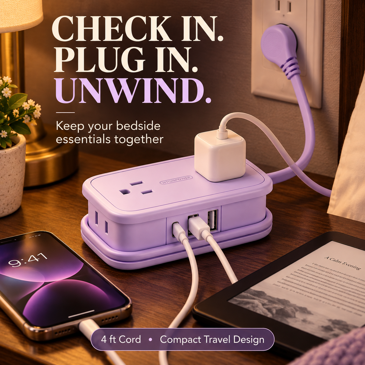Travel power strip used on hotel bedside table to connect phone and charger