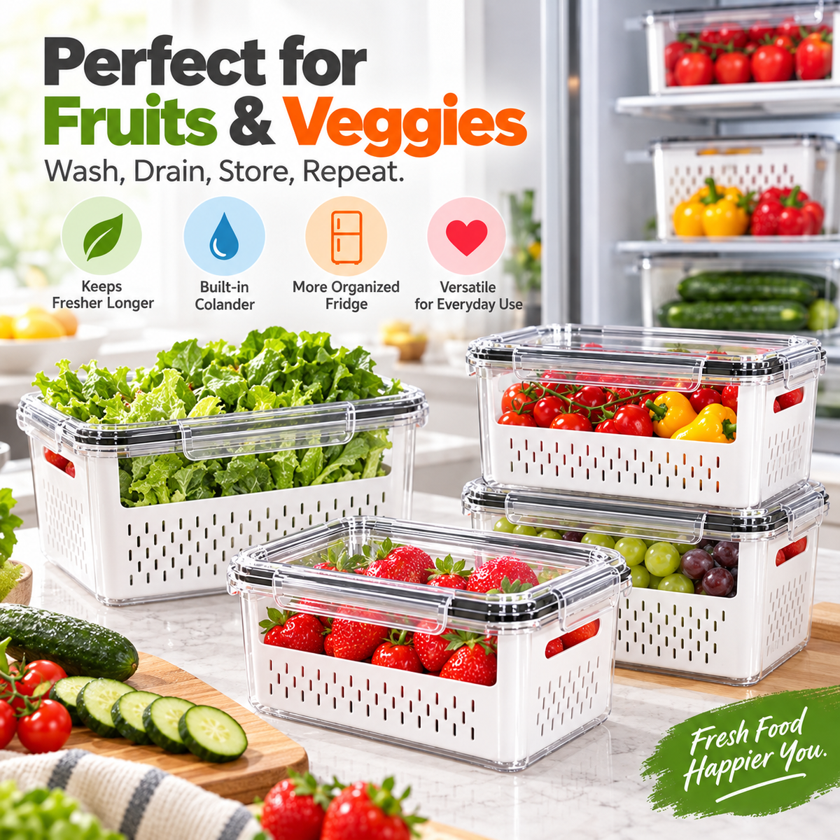 🥗 3PCS Stackable Fridge Produce Saver Containers with Removable Colander – Airtight Food Storage Boxes for Fruits, Vegetables & Meal Prep