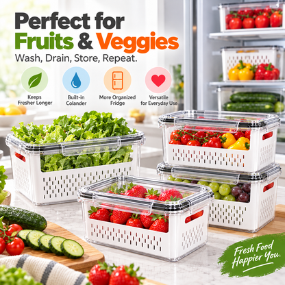 🥗 3PCS Stackable Fridge Produce Saver Containers with Removable Colander – Airtight Food Storage Boxes for Fruits, Vegetables & Meal Prep