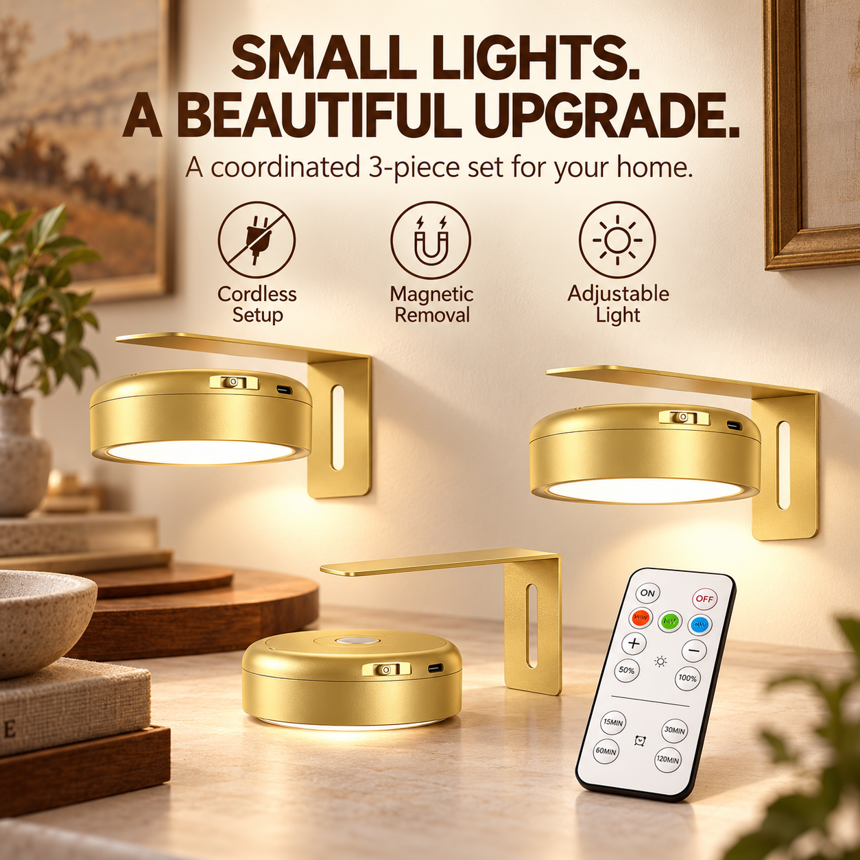 Coordinated three-piece gold rechargeable picture light set with remote and magnetic removal