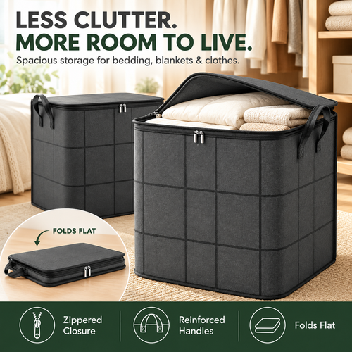 Large Zippered Reinforced Foldable Fabric Organizer Bin