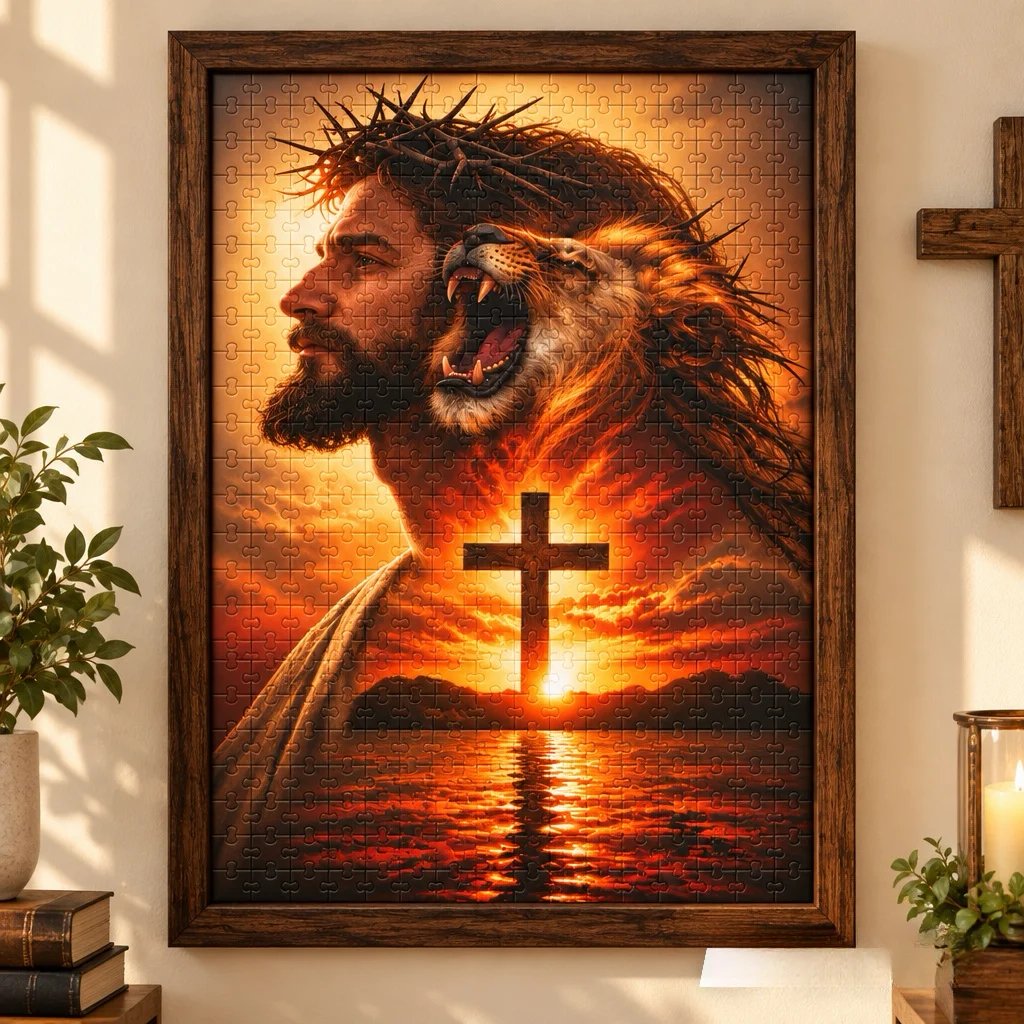 Completed He Reigns jigsaw puzzle displayed in a dark wood-style frame on a wall