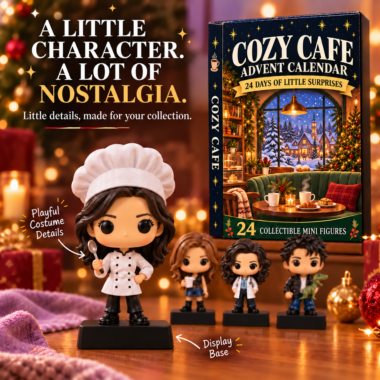Close-up chef-costume collectible with white hat and spoon beside Cozy Cafe calendar