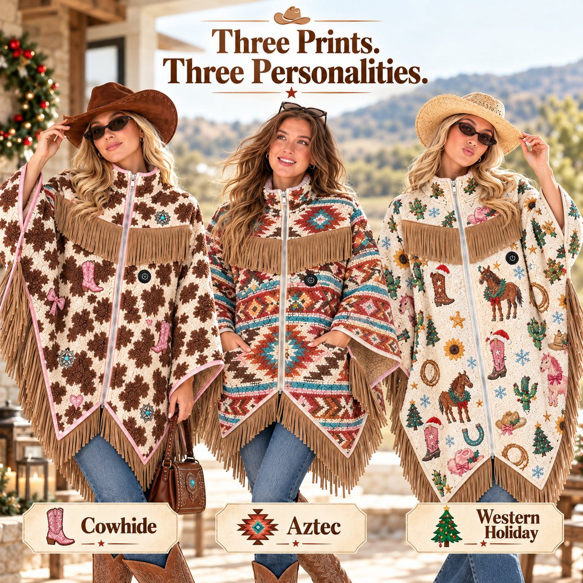 🤠 Heated Sherpa Fringe Poncho – 3 Heat Settings, Cozy Western Cowgirl Wrap in 3 Prints 🔥