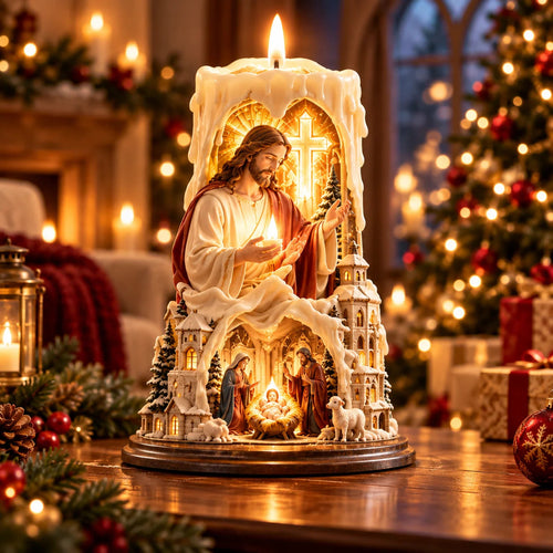 ✝️✨ Jesus Light of Faith™ – 3D Jesus Nativity Scented Candle with Glowing Cross | Christian Christmas Gift of Faith, Hope & Love