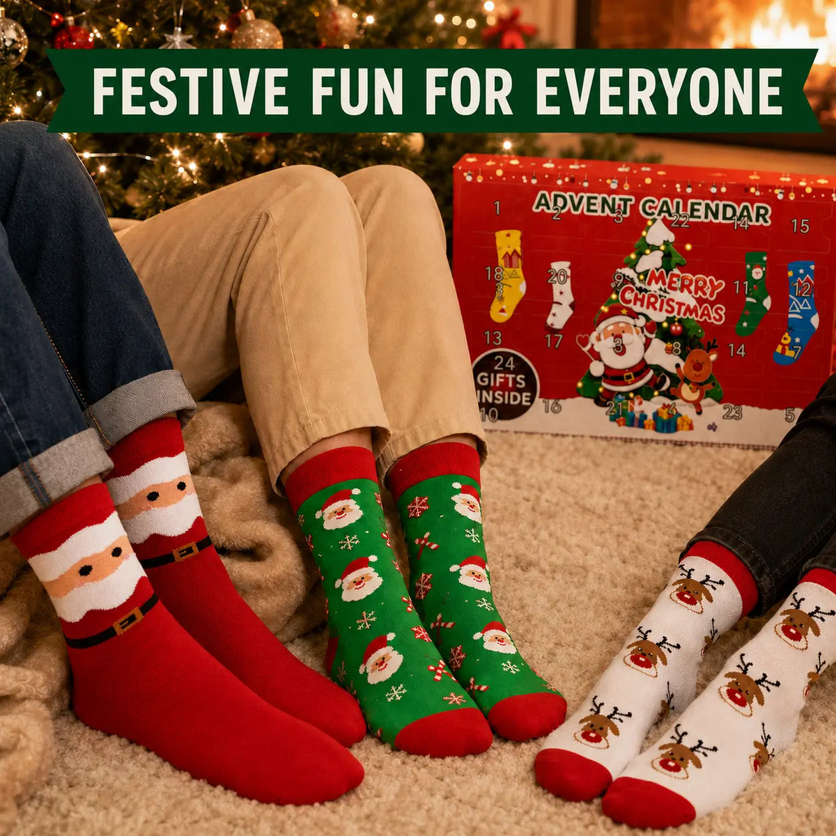 🎁🎄Christmas Sock Advent Calendar, 24-Day Countdown Gift Box with 12 Pairs of Festive Crew Socks