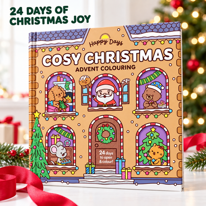 🎄Happy Days‑Cosy Christmas Advent Colouring Book | Hardback Edition | 24 Sealed Daily Surprise Sections | All‑Ages Screen‑Free Festive Activity