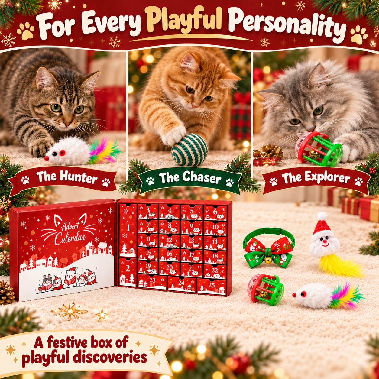 Cats playing with different toy styles