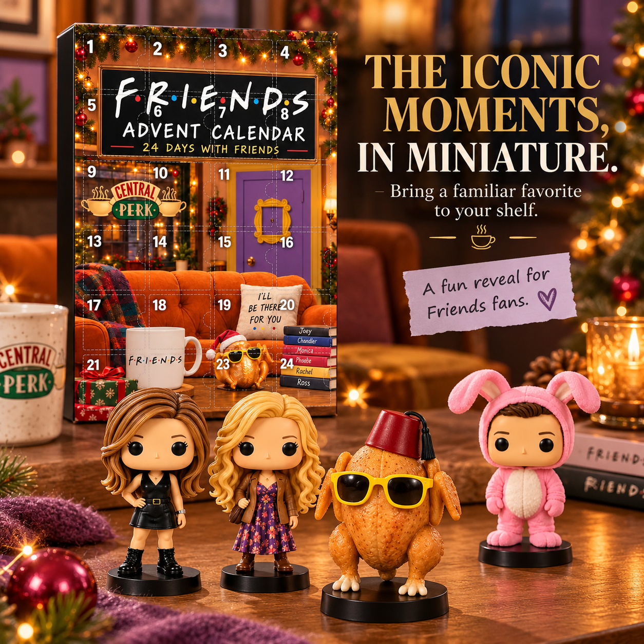 Friends-themed calendar with Central Perk design and miniature character figures