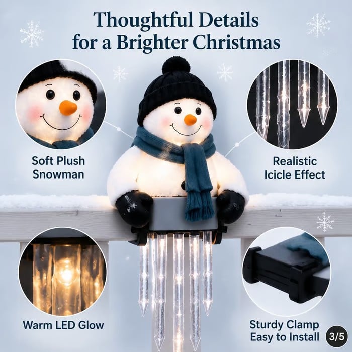 ⛄Lighted Snowman Railing Decoration with Hanging Icicle Lights