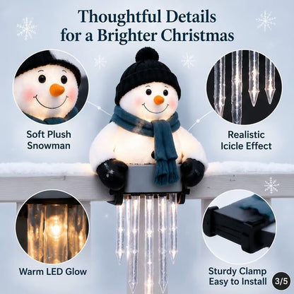 ⛄Lighted Snowman Railing Decoration with Hanging Icicle Lights