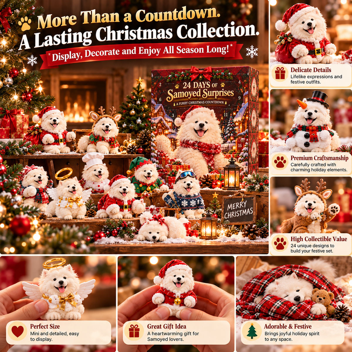 🐶🎄 24-Day Samoyed Christmas Countdown – Fluffy Mini Figurine Advent Collection
