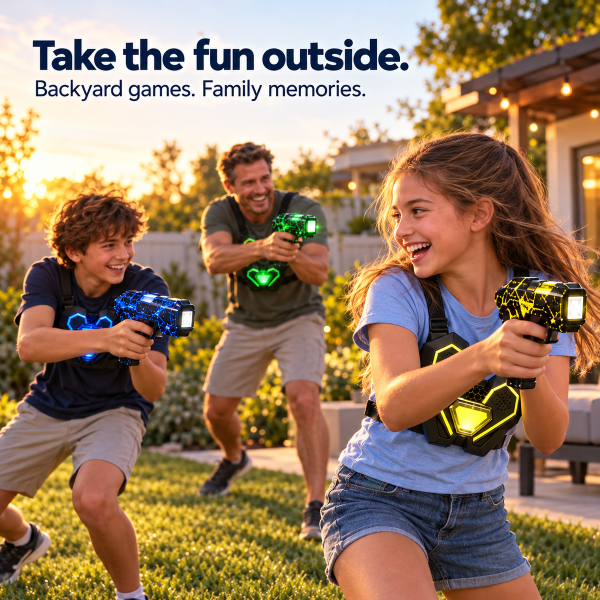 Family playing laser tag outdoors in a backyard