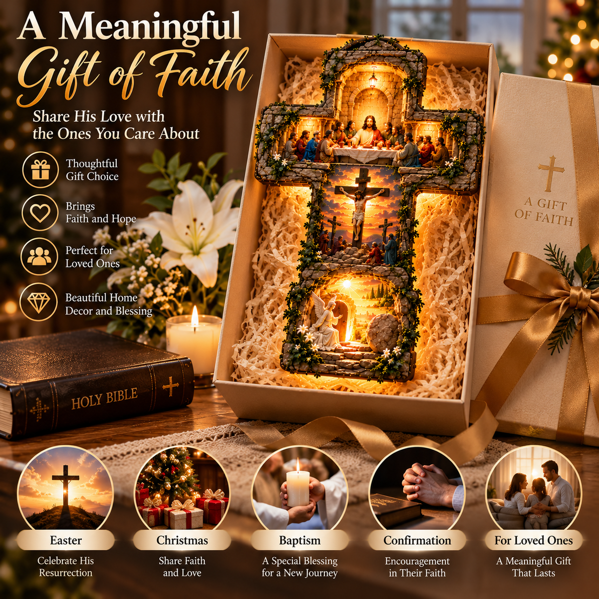 ✝️ He Is Risen – 3-Scene LED Wall Cross Lamp | Last Supper, Crucifixion & Resurrection