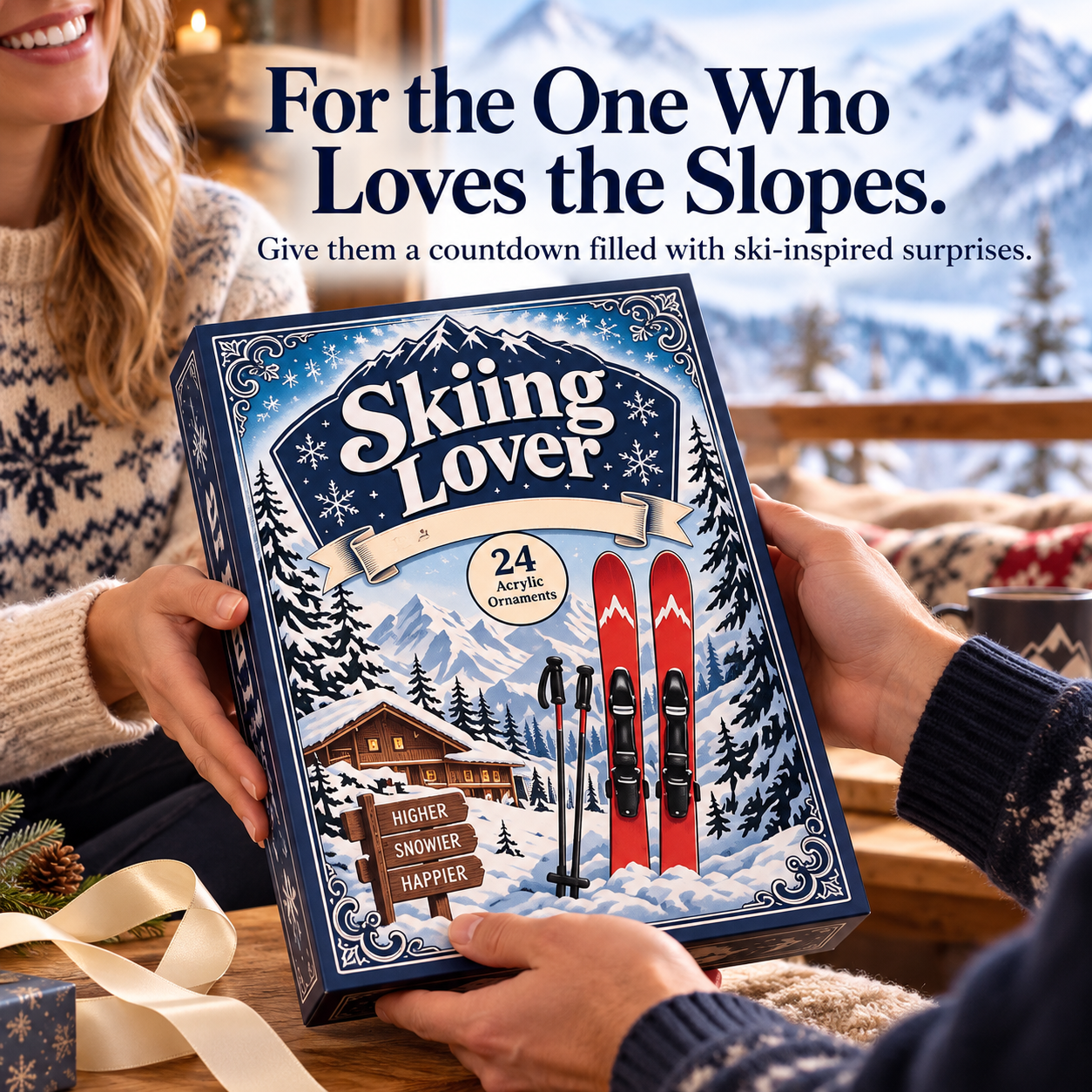 Skiing Lover advent calendar being given as a Christmas gift in a snowy mountain cabin