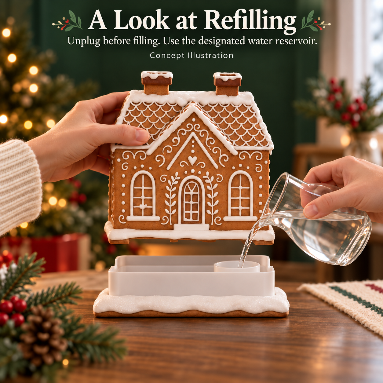 Hands removing gingerbread house diffuser top and pouring water into the reservoir in its base