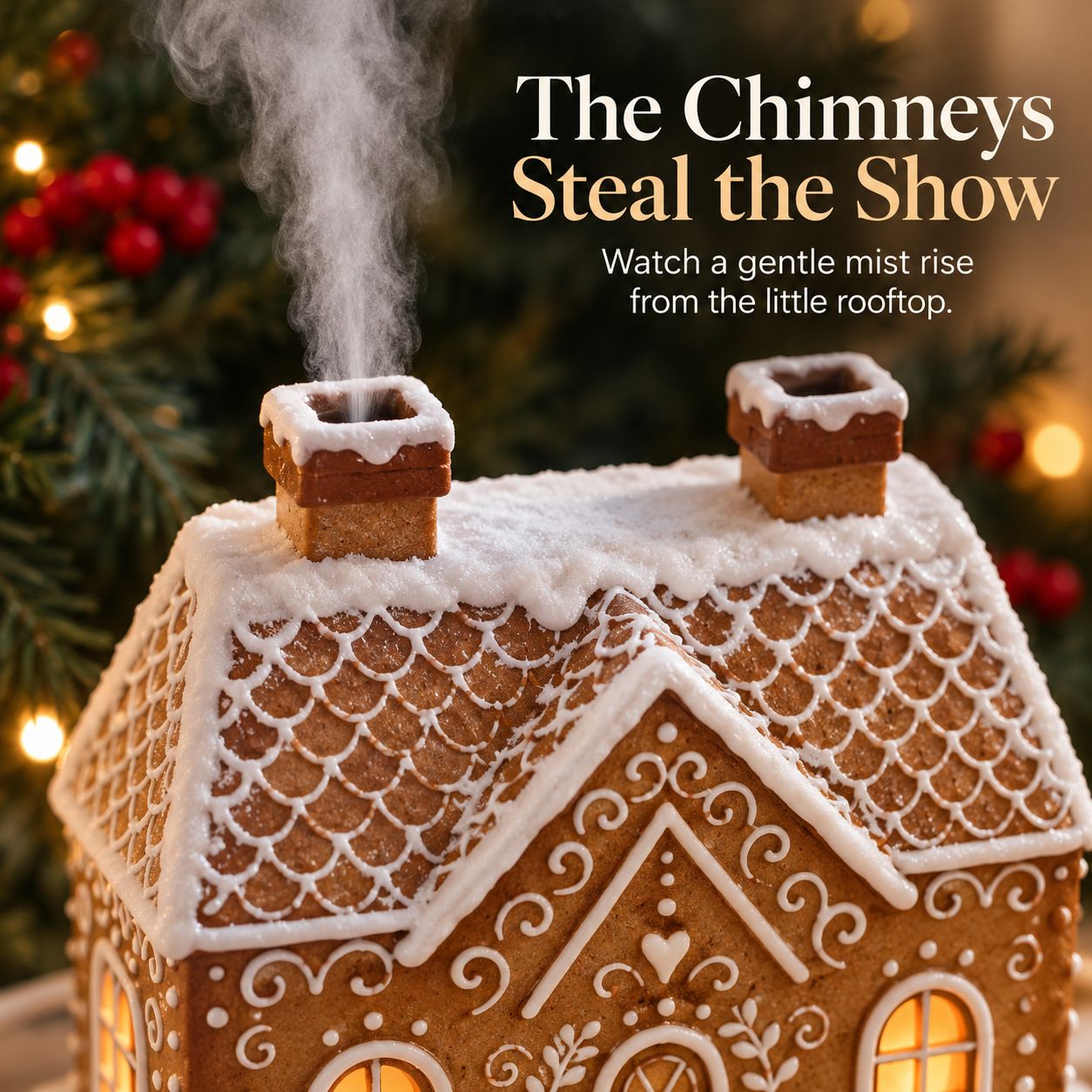 Christmas gingerbread house diffuser producing visible mist from both roof chimneys