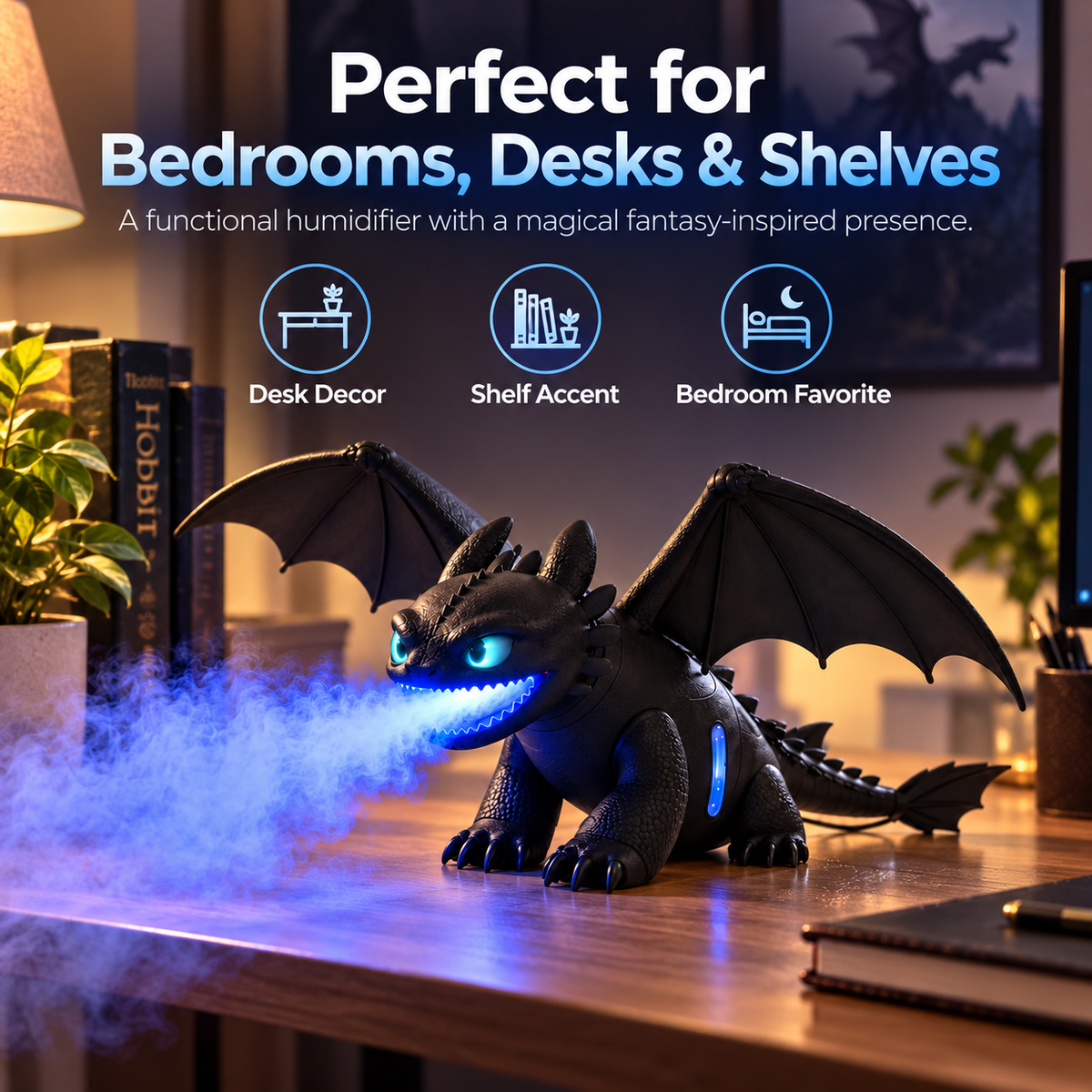 🐉 Fantasy Dragon Cool Mist Humidifier – Glowing Blue Mist & Ambient Desk Decor