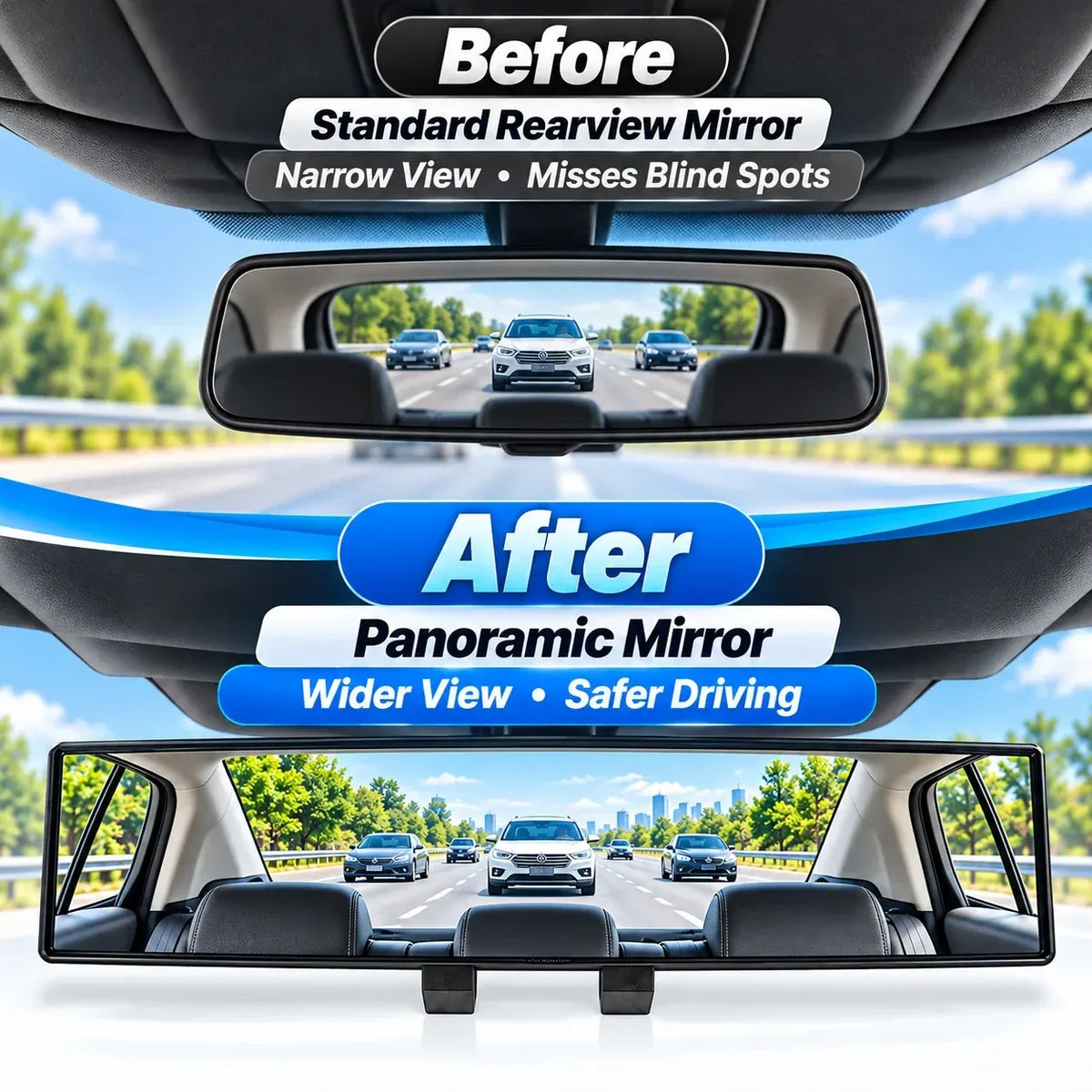 🚗Universal 12-Inch Convex Car Rear View Mirror, Panoramic Clip-On Interior Mirror with Clear Wide View