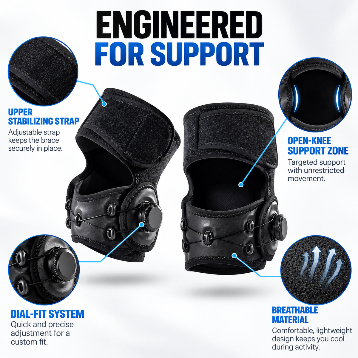 Adjustable Knee Support Brace – Dial Fit Compression Knee Stabilizer for Sports & Daily Support